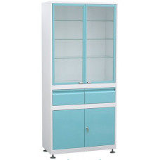 Шкаф 2-ух ств стекло/металл ШМС-2-Р-А-2-Ц с рег опор в алюмраме с выдвящ2 светло-зел фасад